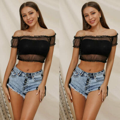 

Fashion Women Summer Lace Sexy Crop Top Off Shoulder Blouse Shirts T shirt Vest