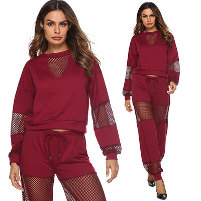 

Women Two Piece Tracksuit Solid Long Sleeve Crop Top Mesh Splice Wide Leg Pants Sportswear Suits BurgundyBlack