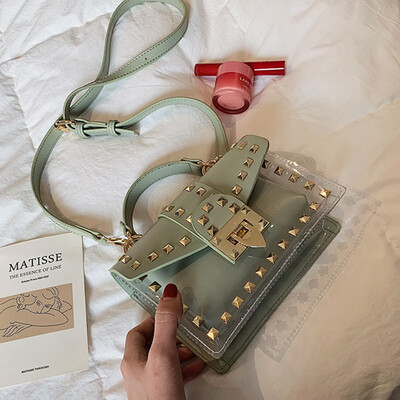 

New bag female 2019 new Korean version of the wild shoulder slung fashion rivet portable transparent jelly small square bag