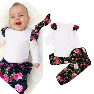 

Newborn Kids Baby Girls Tops Romper Floral Pants 3Pcs Outfits Set Clothes 0-24M