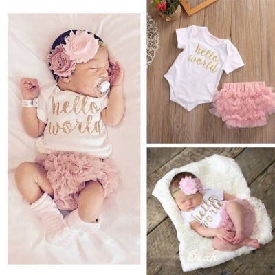 

3pcs NewbornToddler Infant Baby Girls Hello World Romper Jumpsuit Shorts Pants Outfits SetFlower Headband Pink Tutu Dress