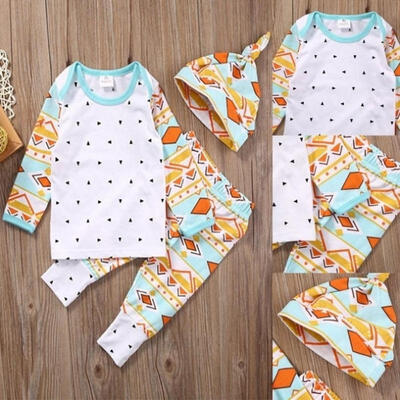 

New 3pcs Baby Boys Girls Long Sleeve Bodysuit PantsHat Suit Outfits Sets