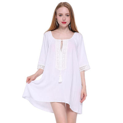 

Summer Women Swimsuit Solid Color Cover Ups Sexy Kaftan Beach Tunic Dress