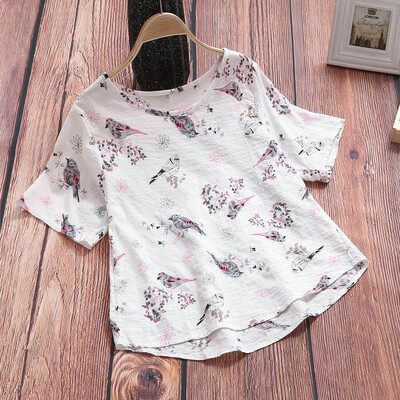 

Starmoon Women Cotton And Linen Loose O-Neck Short Sleeve Print T-Shirt Blouse Tops