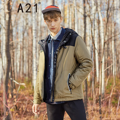 

A21 2018 autumn&winter new mens stitching contrast color windproof warm hooded long-sleeved open chest quilted cotton jacket 4841119013 Army Green 18596AXXL
