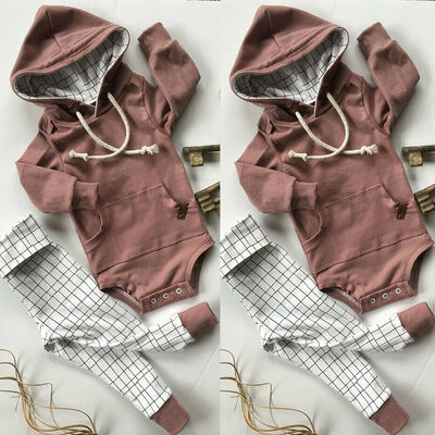 

Newborn Baby Boy Girl Hooded Pocket Romper TopsLong Pants Outfits Clothes Set