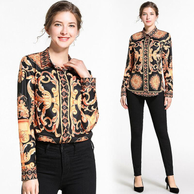 

M L XL XXL vintage new spring 2019 women blouse shirt long sleeve black gold digital print office top lady