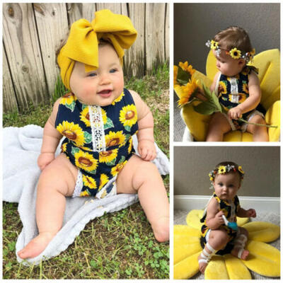 

Newborn Baby Girl Sunflower Clothes Romper Baby BodysuitHeadband 2PCS Outfits