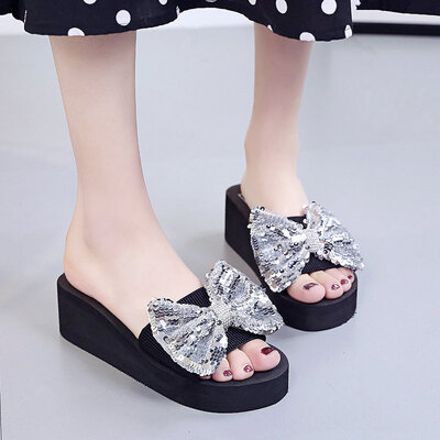 

Summer word slippers slope with water table sequin bow wearing womens sandals Joker stretch cloth