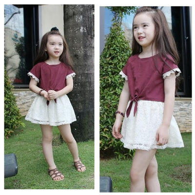 

2015 2pcs Baby Girls Kids Dress Short Sleeve Tops T-ShirtLace Skirt Suit 1-6Y