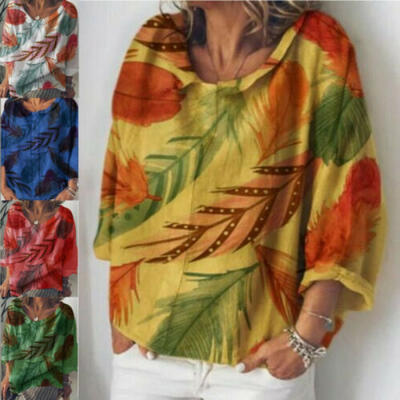 

Womens O Neck Long Sleeve Feather Print Tee Shirts Blouse Ladies Tops Szie -2XL