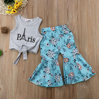 

Canis Fashion Kids Baby Girls Eiffel Tower Tops Vest Flower Pants Outfit Clothes