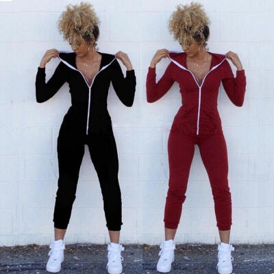 

Womens Sports Zipper Hooded Vneck Sweatshirt Longs Sleeve Bodycon Jumpsuit Romper Long Trousers Playsuit