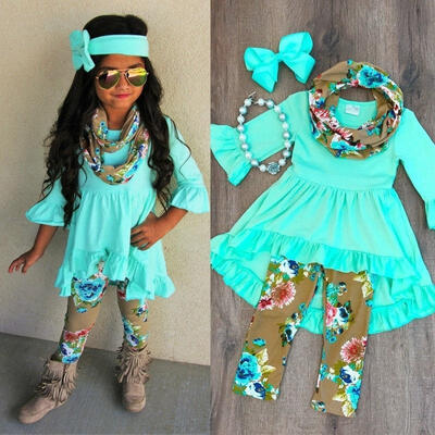 

2018 Kids Baby Girls T-shirt Tops DressFloral Leggings Headband Outfits Clothes Set 1-6Y