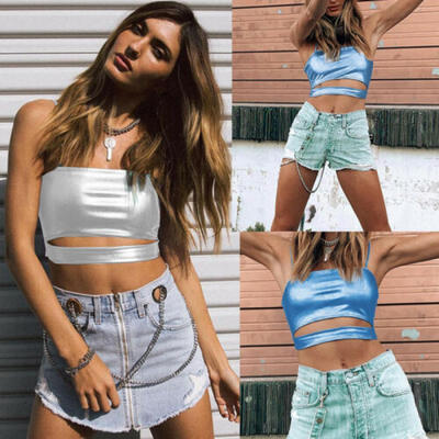 

Womens Sexy Summer PU Leather Vest Sleeveless Tank Blue Silver Solid V-Neck Top
