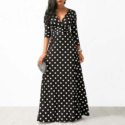 

Women Boho Long Maxi Dress Polka Dot V Neck Casual Formal Party Evening Dress