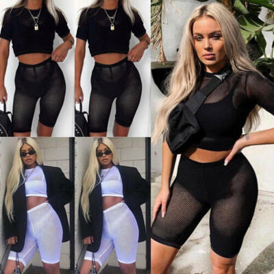 

Summer Womens Perspective Crop Top Short Sleeve Shorts Set Jumpsuit Romper 2Pcs