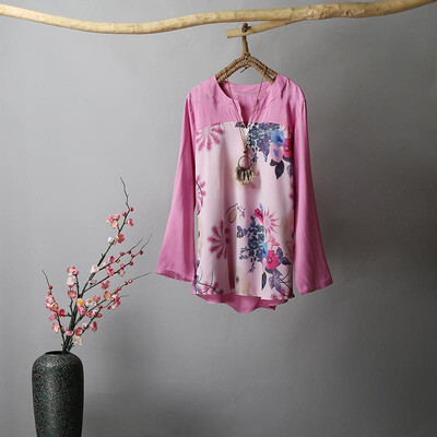 

Vintage Women Blouse Linen Colorful Floral Print V Necklne Buttons Low High Irregular Hemline Swing Tops