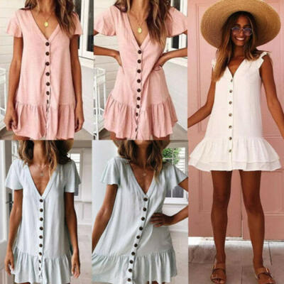 

Women Ladies Summer Smock Dress Holiday Beach Casual Loose Frill Sundress