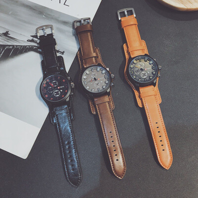 

European mens watch hot sale big fake three-eye belt student watch