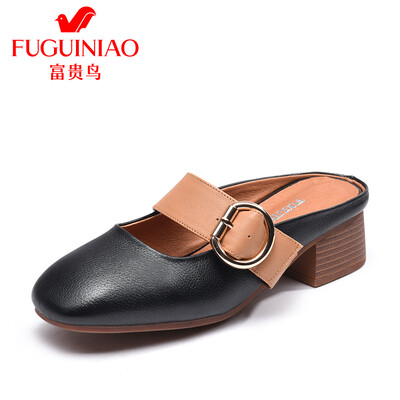 

Fugui bird FUGUINIAO womens shoes casual shallow mouth low-heeled layer cowhide lazy fashion K99D531C black 35