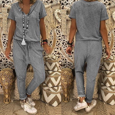 

Starmoon Women V-neck Jumpsuit Loose Long Pants Plus Size Casual Rompers with Pockets