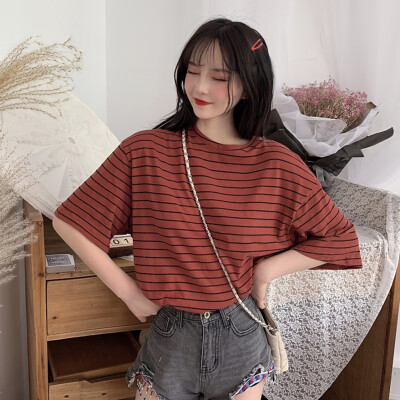 

Womens Summer Casual Vintage T Shirt Short Sleeve O-Neck Color Block Striped Loose Tee