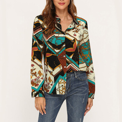 

Tailored Womens Ladies Chain Print Long Sleeve Shirt Tops Loose Button Down Blouse Tee