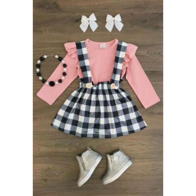 

Newborn Toddler Baby Girls Tops Plaid Suspender Skirt Dress Outfits Clothes USA