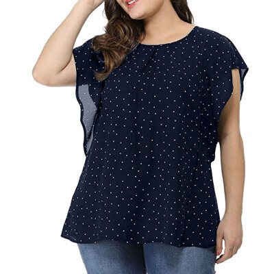 

Plus Size Summer Blouse Womens Shirt O-Neck Bat Sleeves Ruffled Dot Print Short-Sleeved Loose Bottoming Shirt Blouse