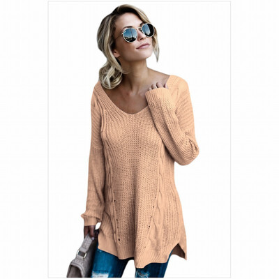 

V-neck long-sleeved back cross warm hooded casual knit sweater