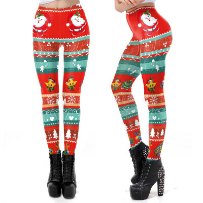 

Womens Christmas Santa Claus Elk Print Tighten High Waist Pencil Pants Trousers