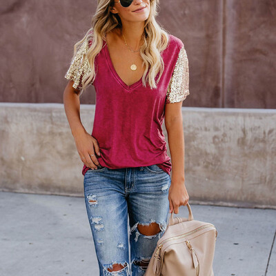 

Summer Women Short Sleeve Sequins Loose T-Shirt Casual V Neck Blouse Shirts Tops