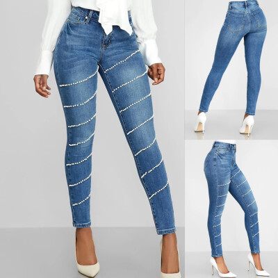 

Tailored Womens High Waist Jeans Button Pants Beading Trousers Bell-bottom Pants