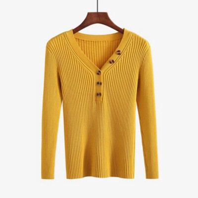 

New Fashion Button V-neck Sweater Women Spring Autumn Solid Knitted Pullover Women Slim Soft Jumper Sweater Female Knit Tops