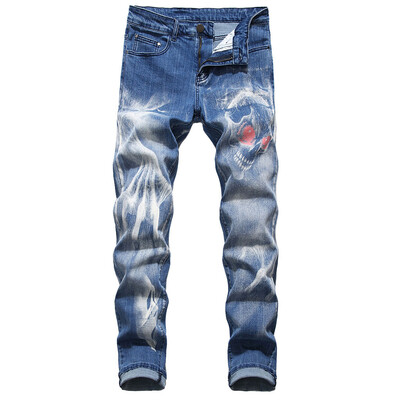 

Gobestart Mens New Fashion 3D Personality Slim Color Print Stretch Denim Trousers
