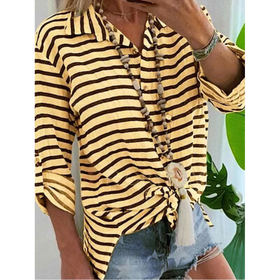 

Starmoon Women Summer Long Sleeve V-neck Striped Casual Loose Plus Size Shirts