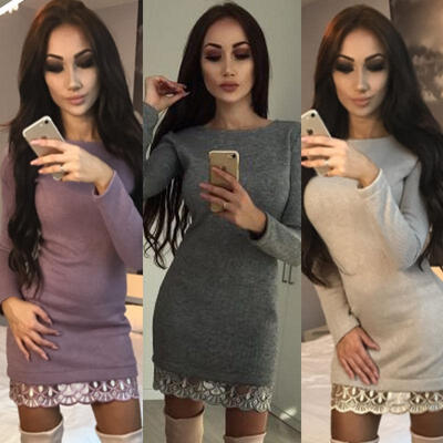 

Women Ladies Winter long Sleeve Casual Loose Knitted Sweater Jumper Mini Dress