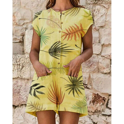 

Summer Women Casual Short Sleeve Loose Leaves Jumpsuit Club Bodysuit Short Pants