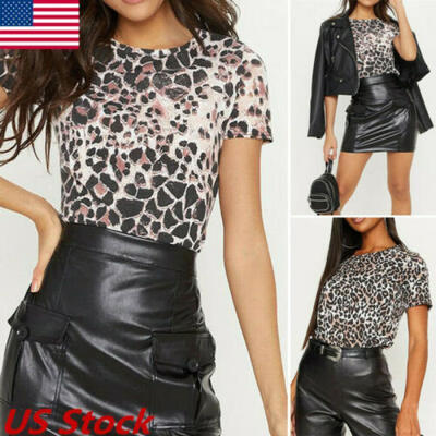 

US Womens Leopard Print Summer Loose Tops Ladies Short Sleeve Blouse T-Shirt New