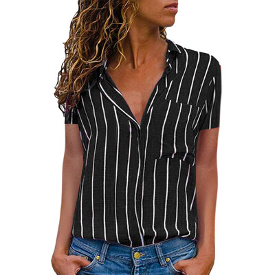 

Starmoon Women Casual Striped Printing Short Sleeve Shirt Blouse Button Down Tops