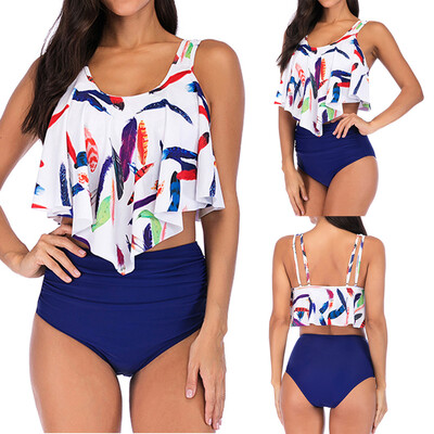 

Roseonmyhand Womens Plus Size Lotus Leaf Print Swimsuit High Waist Split Bikini