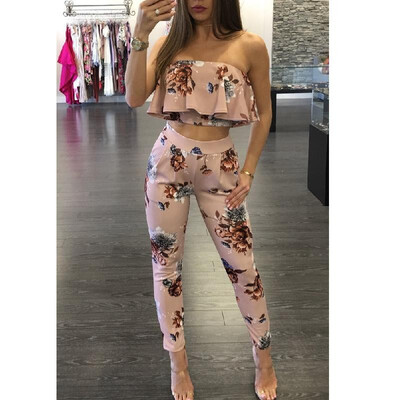 

Casual Women Suit Sexy Two-piece Outfits Strapless Crop Top Long Pants Floral Print Ruffles Bodycon Set Pink