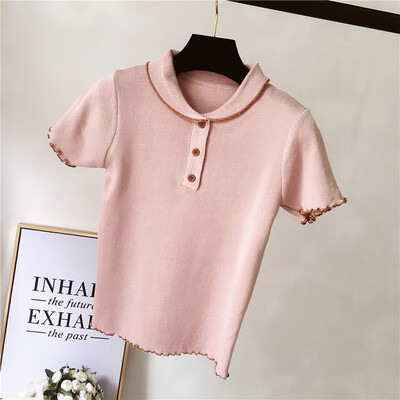 

Cute Crochet Peter Pan Collar Cute Female Teens T-shirt Short Sleeve Contrast Color Chic Womens Summer Cozy Tee Shirt