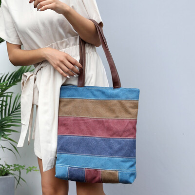 

Tailored Rainbow Color Womens Handbag Contrast Color Stitching Canvas Bag Retro Bag