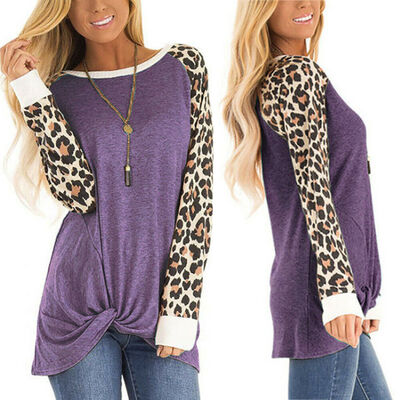 

Womens Leopard Long Sleeve Loose Blouse Ladies Casual T-Shirt Tops Shirts 6-16