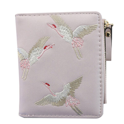 

Fashion Crane Embroidery Women Mini Wallet Short Purse Zipper Coin Card Holder
