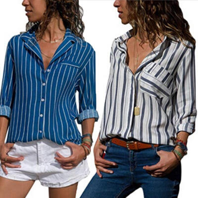

NEW Womens Long Sleeve Striped Shirt V-Neck Blouse Ladies Casual Loose Tops 4-10