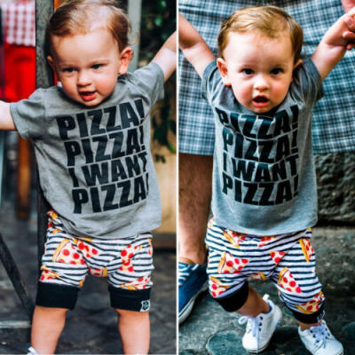 

US Summer Kids Baby Boy Clothes Pizza Tops T-Shirt Stripe Shorts Pants Outfits