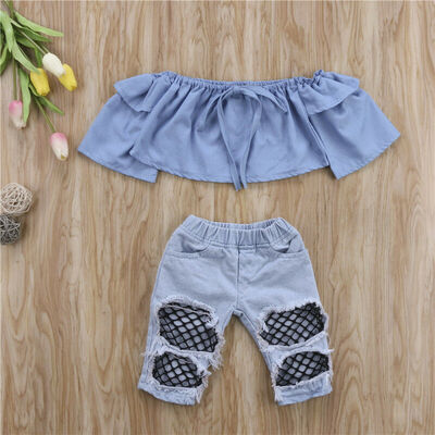 

Newborn Kids Baby Girls Off Shoulder Long Sleeve Tops Denim Pants Hole Outfits